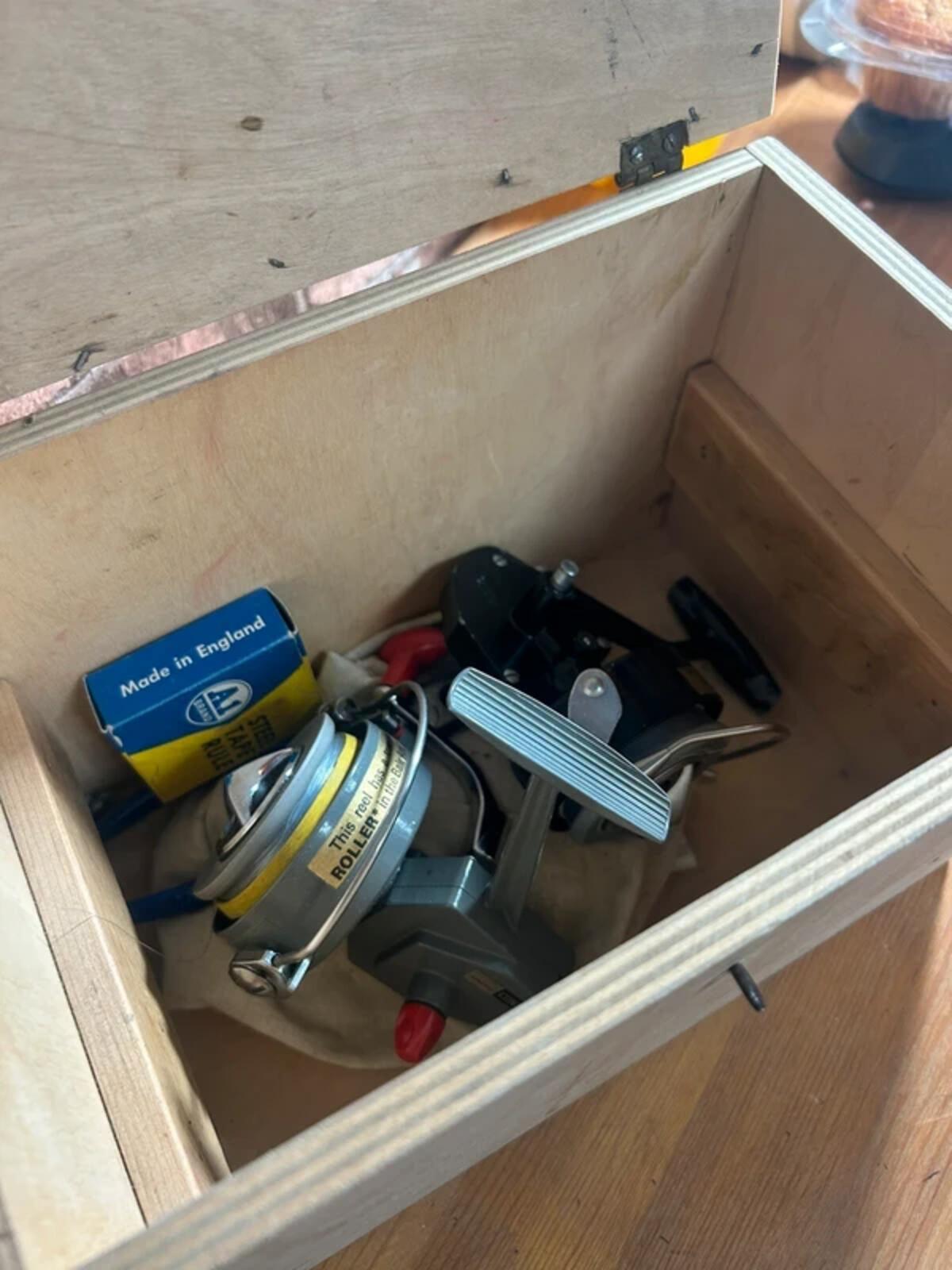 Wooden Box of Fishing Accessories