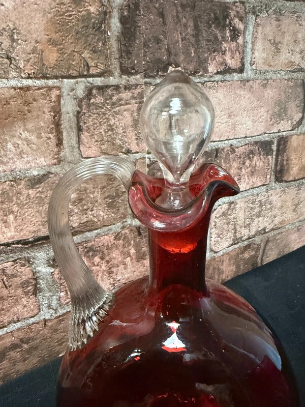 Victorian Cranberry Glass Claret Jug and Two Glasses