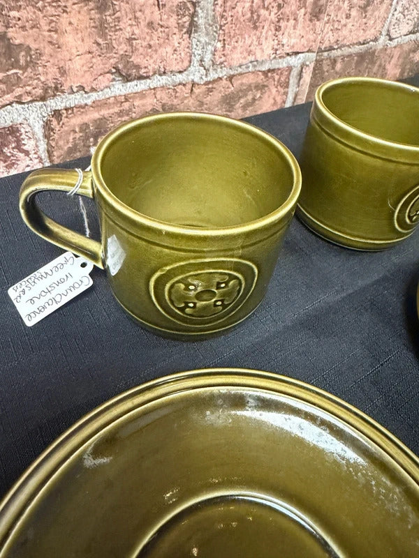 Crown Clarence Ironstone Green Cup and Saucer x 2 Set