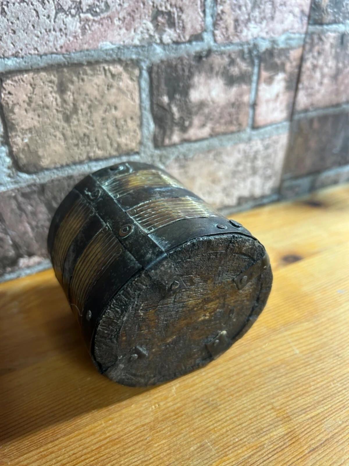 Antique Wood & Brass Grain Pot