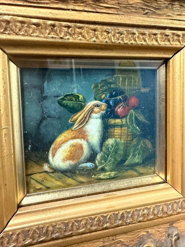 Vintage Bunny Oil Painting in Guilded Gold Wooden Frame