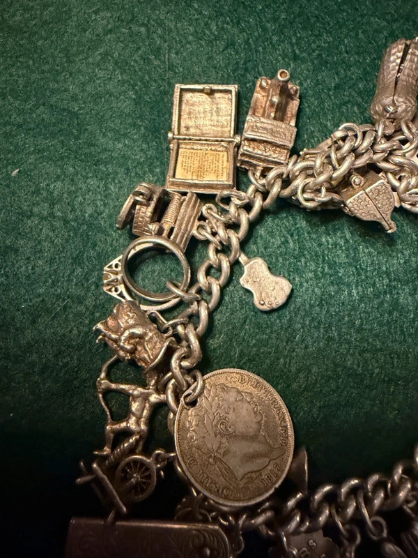 Antique Sterling Silver Charm Bracelet - 89.1g