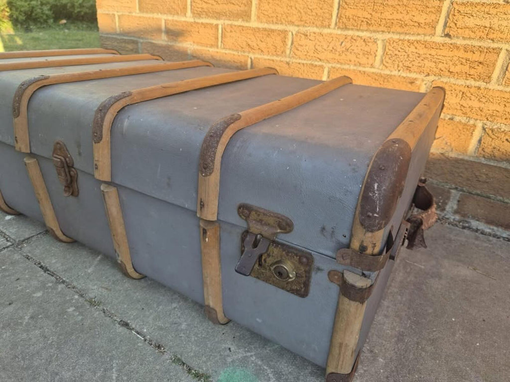 Vintage 1920's Blue and Bamboo Steamer Trunk