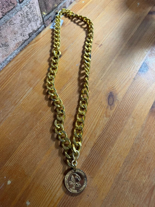 Gold Tone Chunky Curb Chain with Coin Pendant