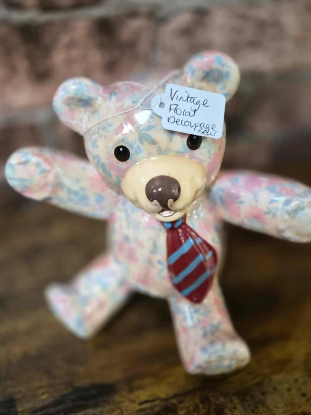 Vintage Ceramic Floral Decoupage Bear Ornament