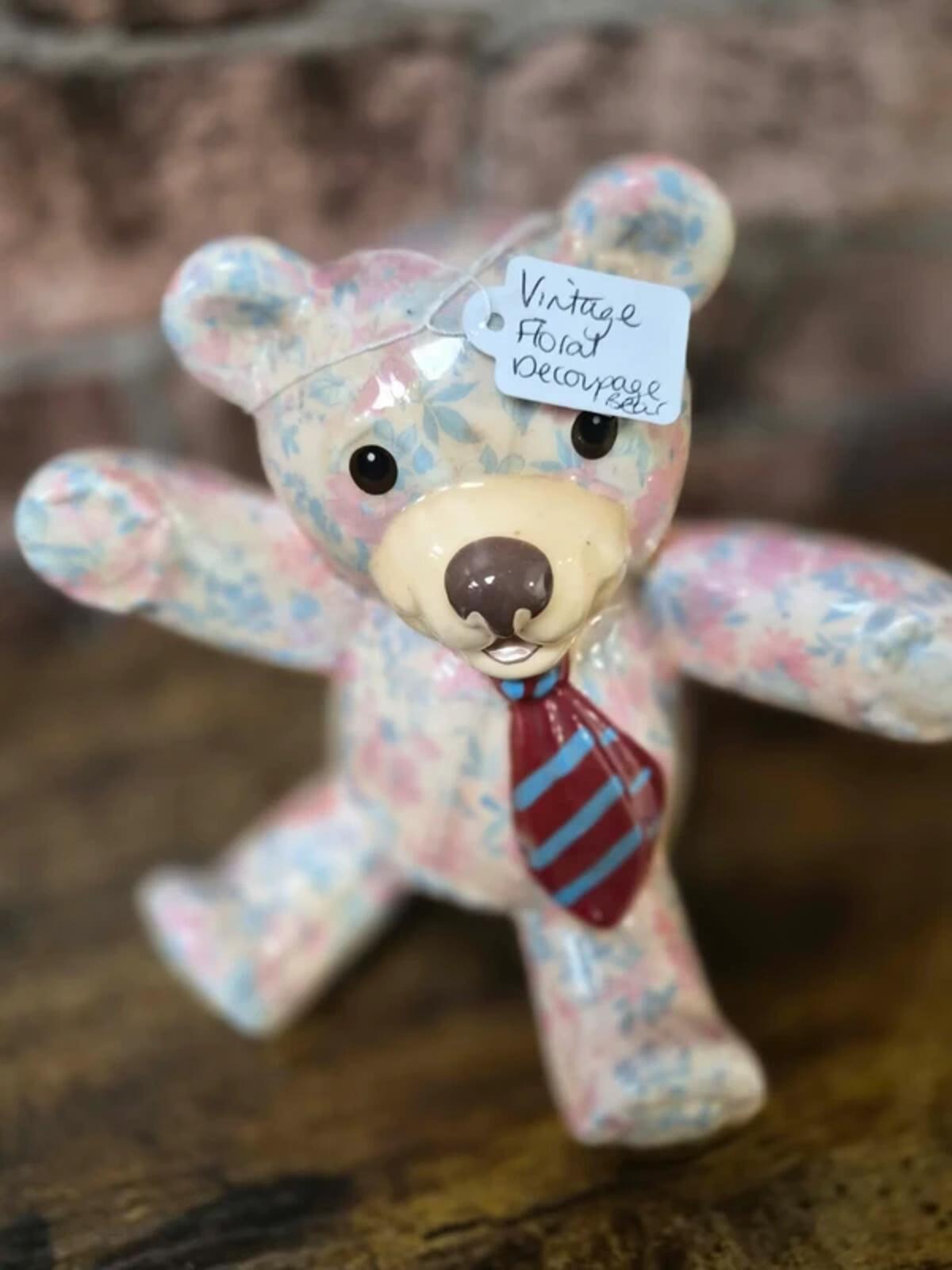 Vintage Ceramic Floral Decoupage Bear Ornament