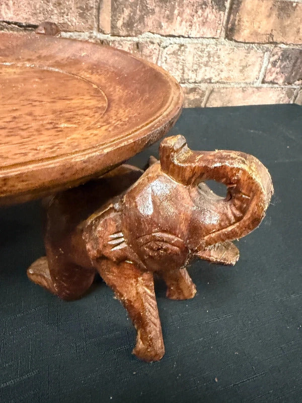 Hand Carved Round Wooden Fruit Bowl/Elephant Base