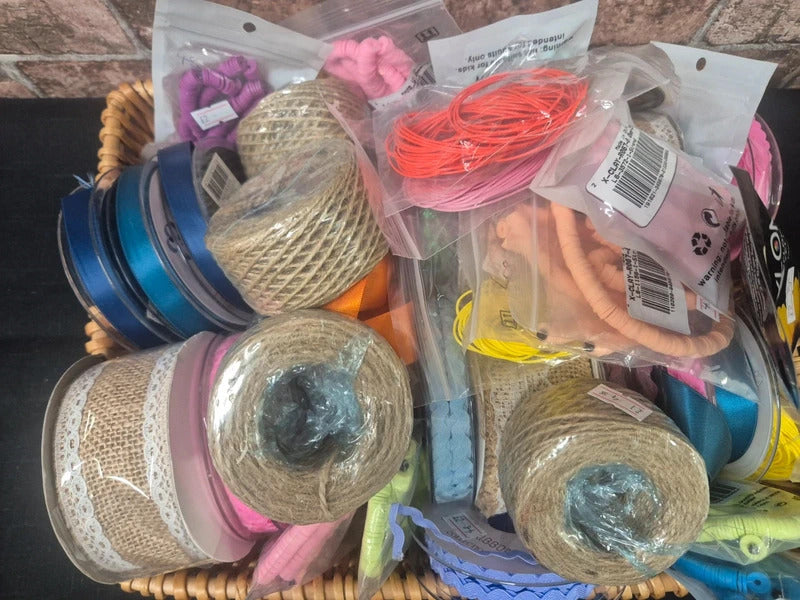 Large Bundle of Craft Items: Ribbon, Twine, Hessian, Dye and Clay Beads