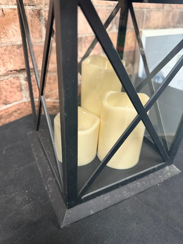 Black Plastic Lantern with Triple Flicker Battery Candles