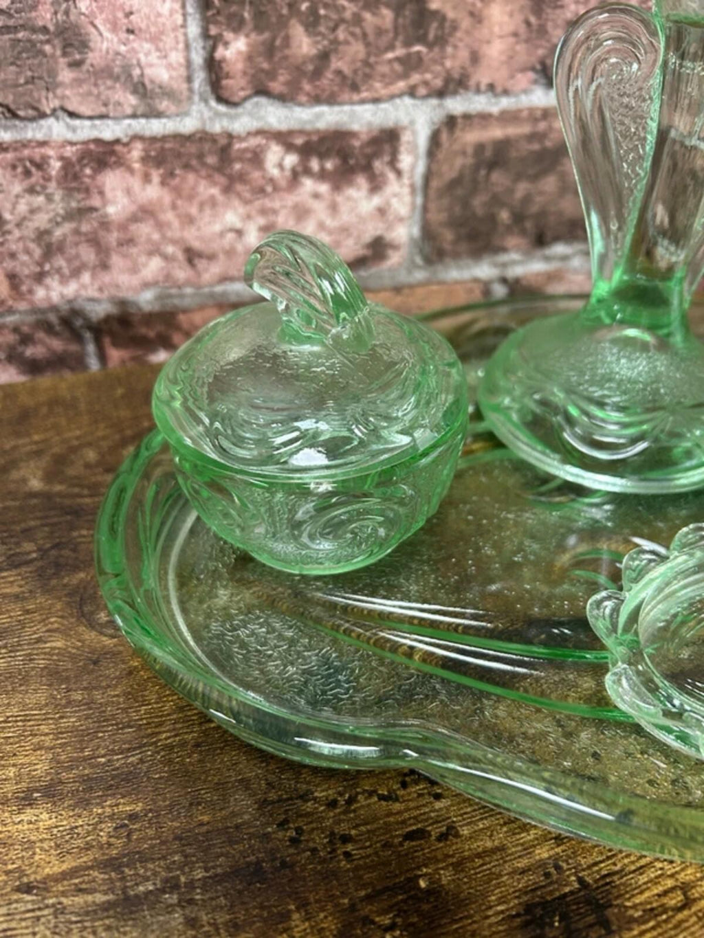 Vintage Art Deco Bagley Rutland Green Glass Vanity Set