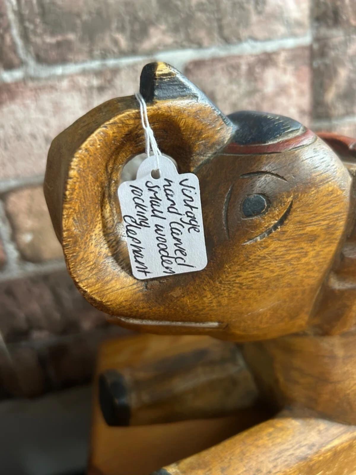Vintage Hand Carved Small Wooden Rocking Elephant