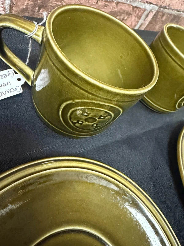 Crown Clarence Ironstone Green Cup and Saucer x 2 Set