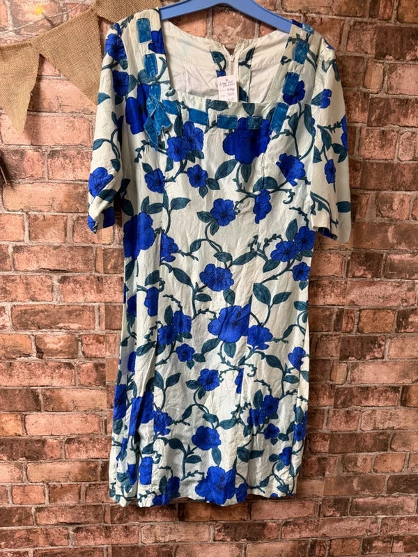 Vintage Blue Floral Dress - Size 12
