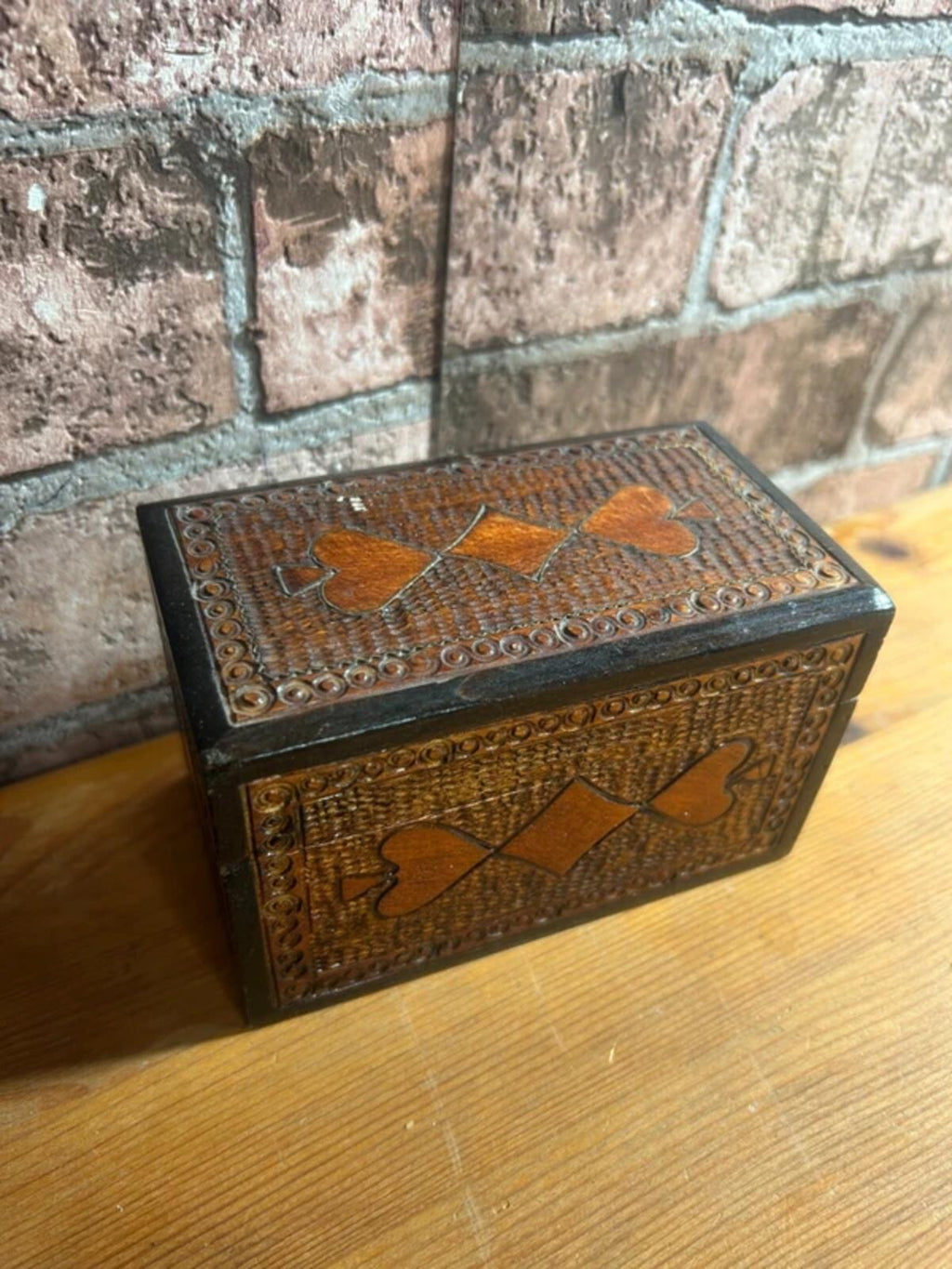 Vintage Wooden Carved Playing Cards Box