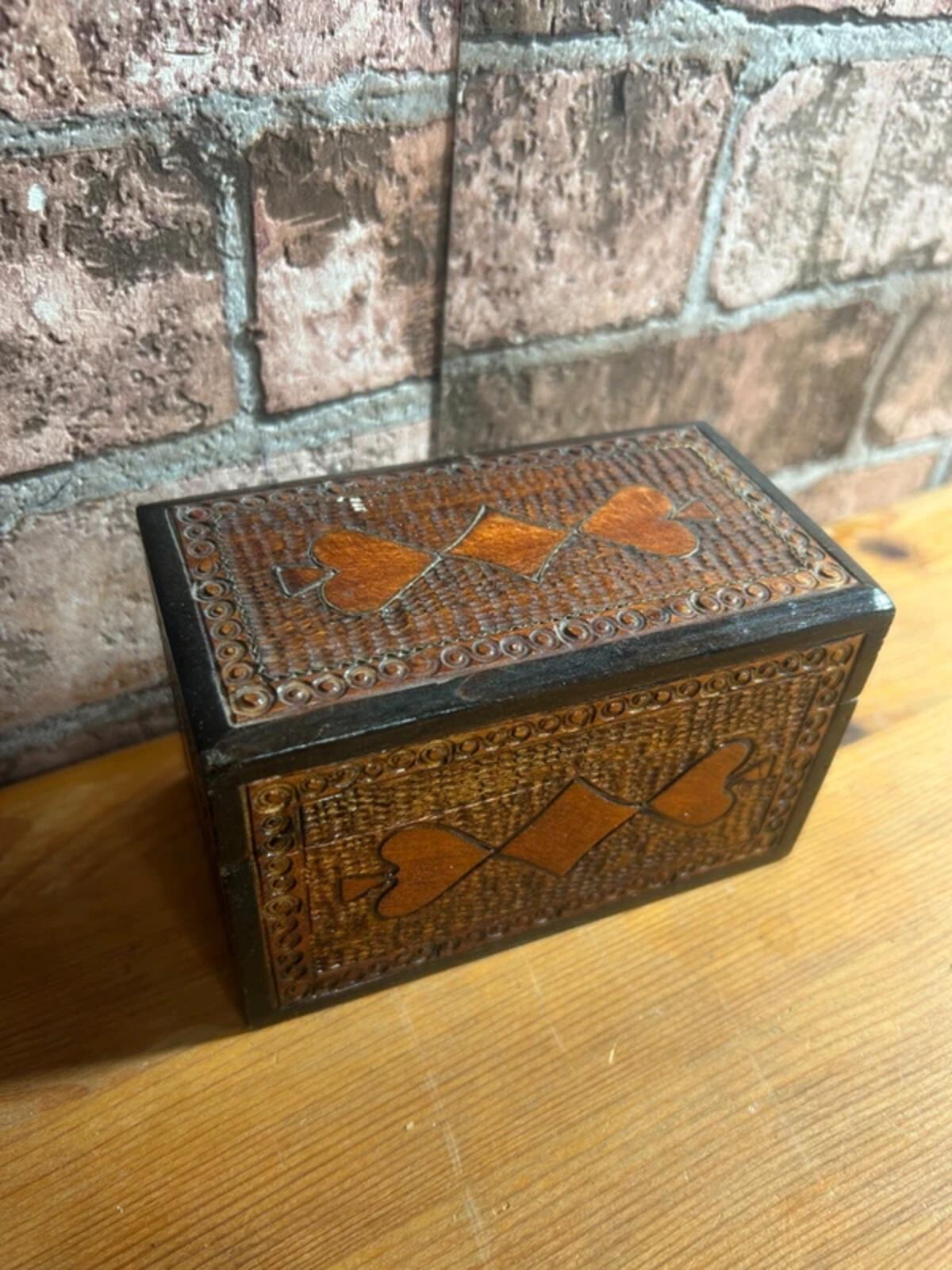 Vintage Wooden Carved Playing Cards Box