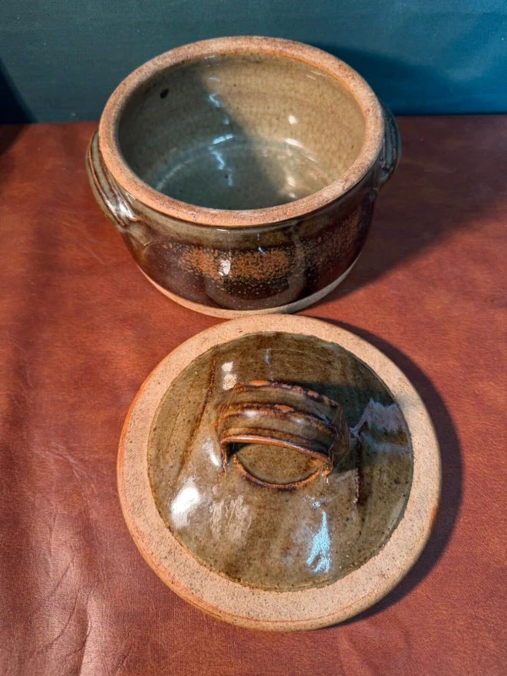 Green and Brown Stoneware Dish with Lid