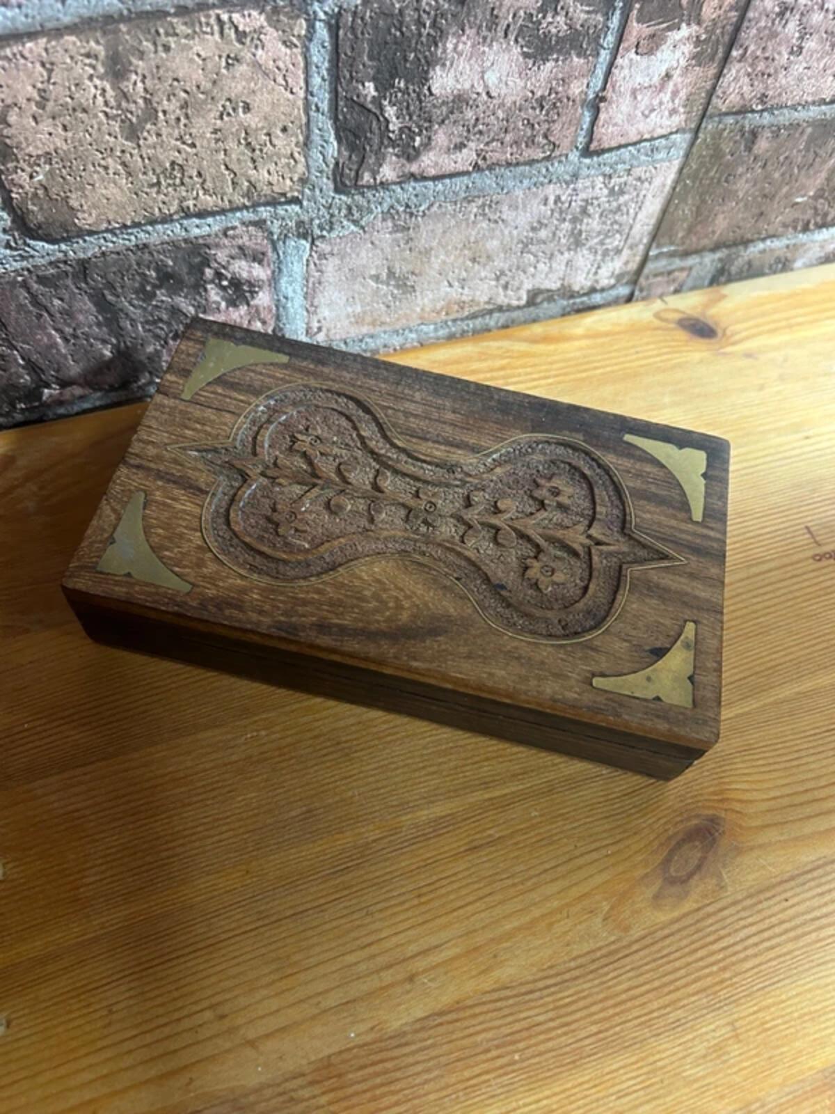 Vintage Wooden and Brass Carved Box