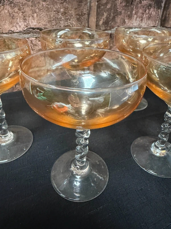 Vintage Peach Lustre Twisted Stem Glasses x 6