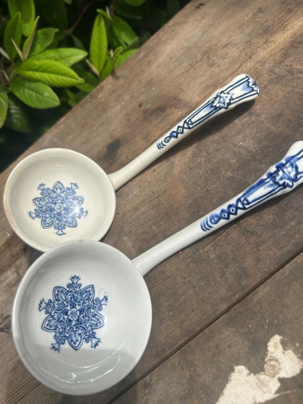 Pair of Vintage Ceramic Blue and White Tudor Pattern Ladles