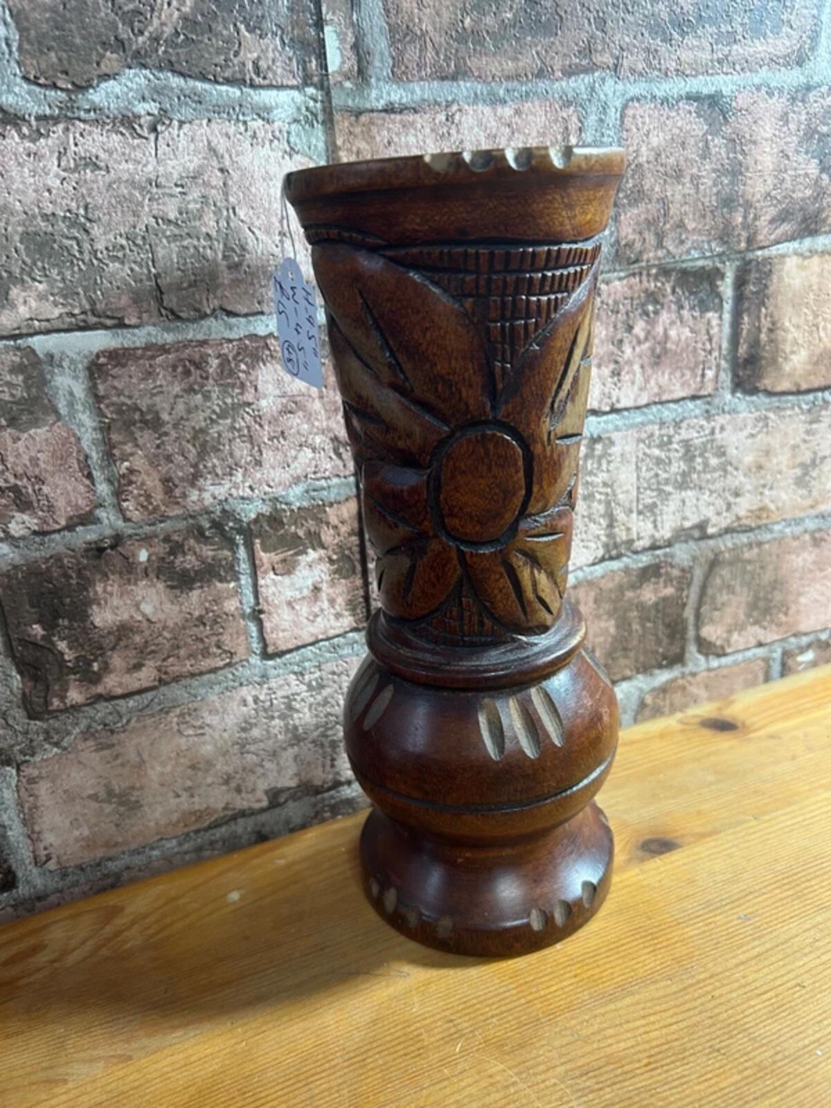 Vintage Hand Carved Wooden Vase (Floral Leaf Design)