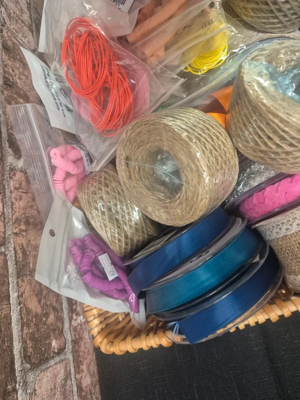 Large Bundle of Craft Items: Ribbon, Twine, Hessian, Dye and Clay Beads