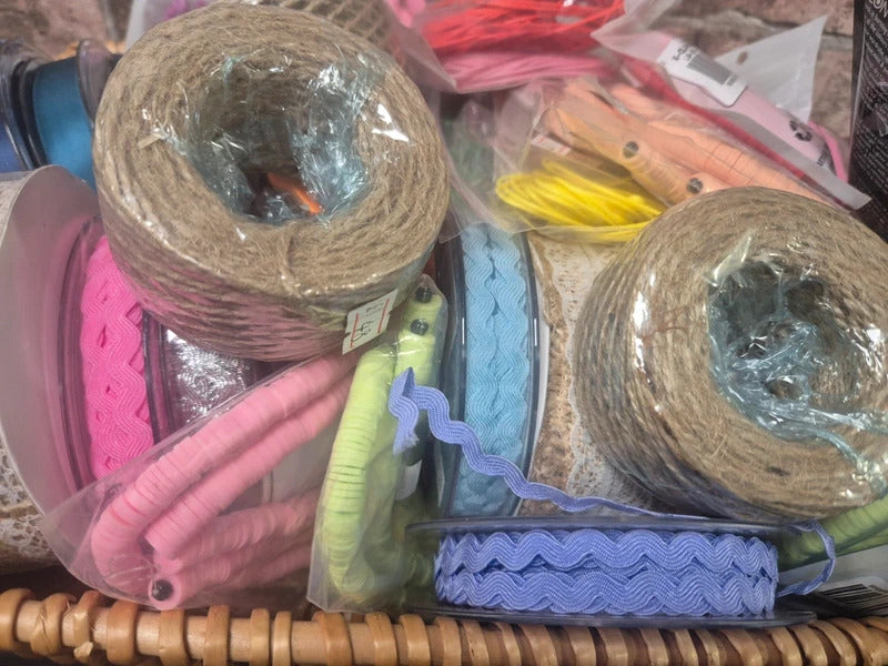 Large Bundle of Craft Items: Ribbon, Twine, Hessian, Dye and Clay Beads