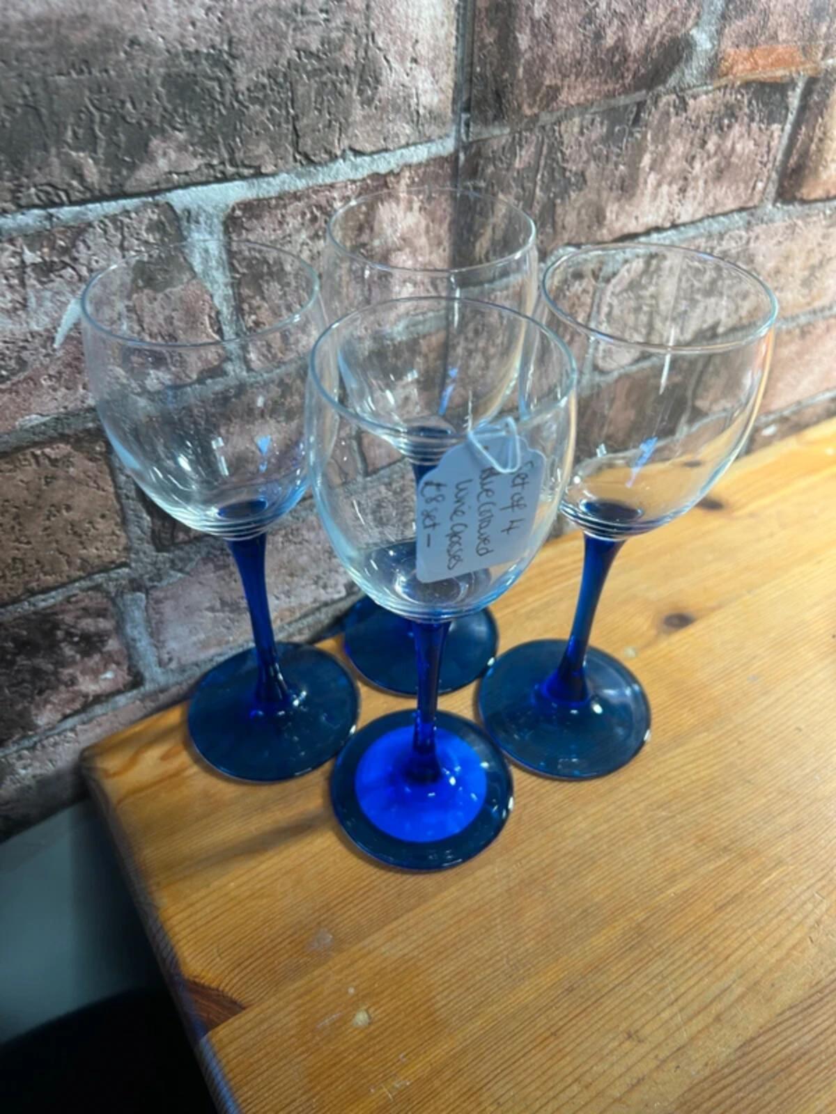Set of Four Vintage Blue Wine Glasses
