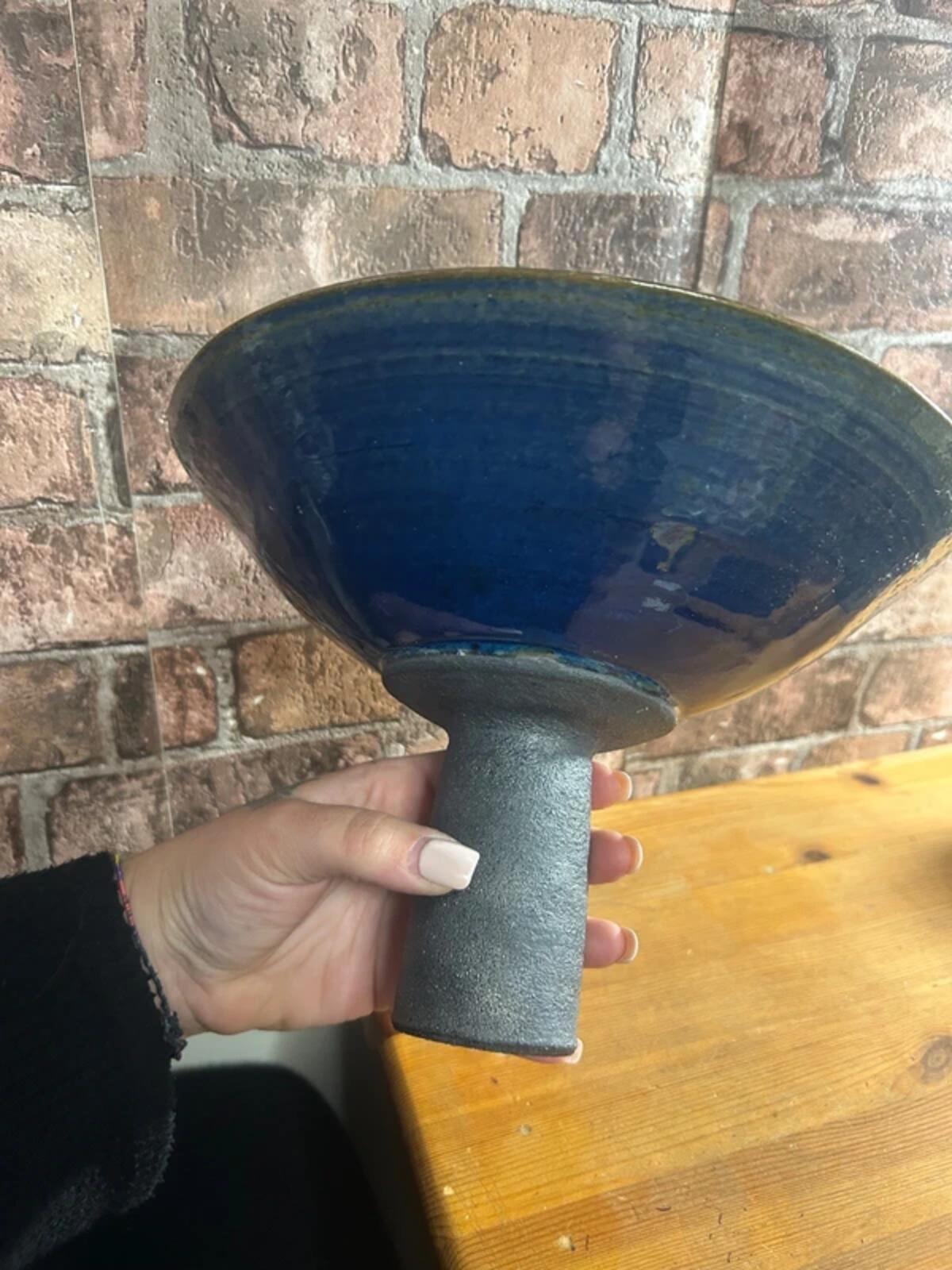 Tall Blue Ceramic and Metal Frosted Footed Bowl