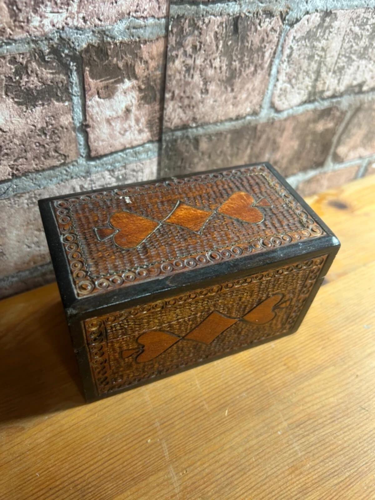 Vintage Wooden Carved Playing Cards Box