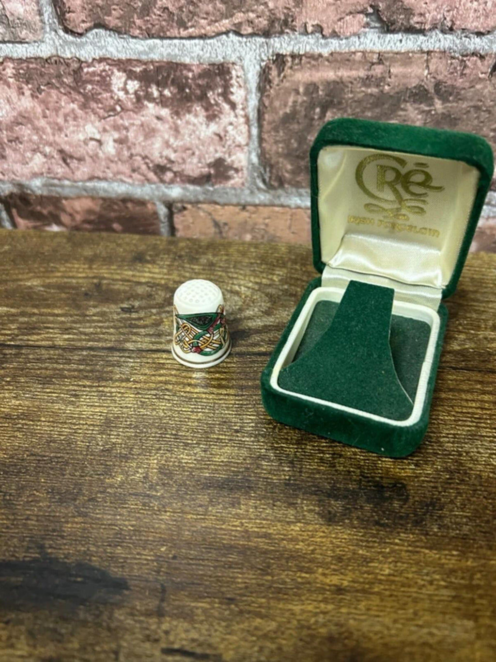 Vintage 1980's Cre Porcelain Thimble in Green Velvet Box