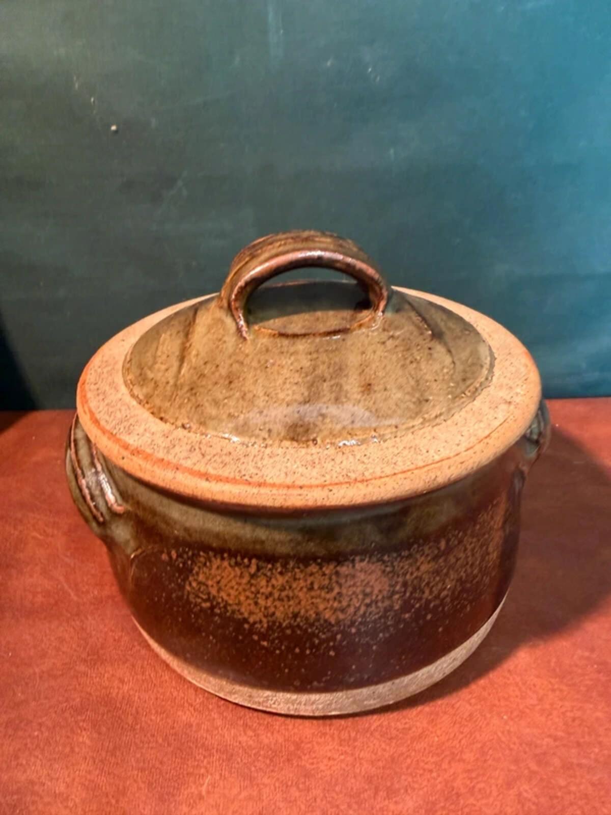 Green and Brown Stoneware Dish with Lid