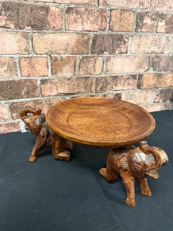Hand Carved Round Wooden Fruit Bowl/Elephant Base