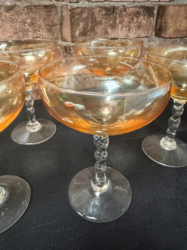 Vintage Peach Lustre Twisted Stem Glasses x 6