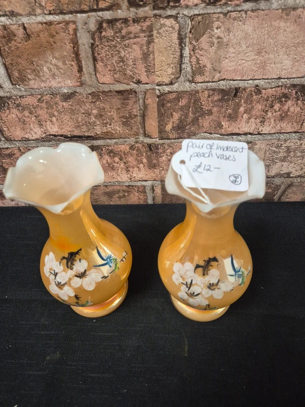 Pair of irridecent peach stem vases
