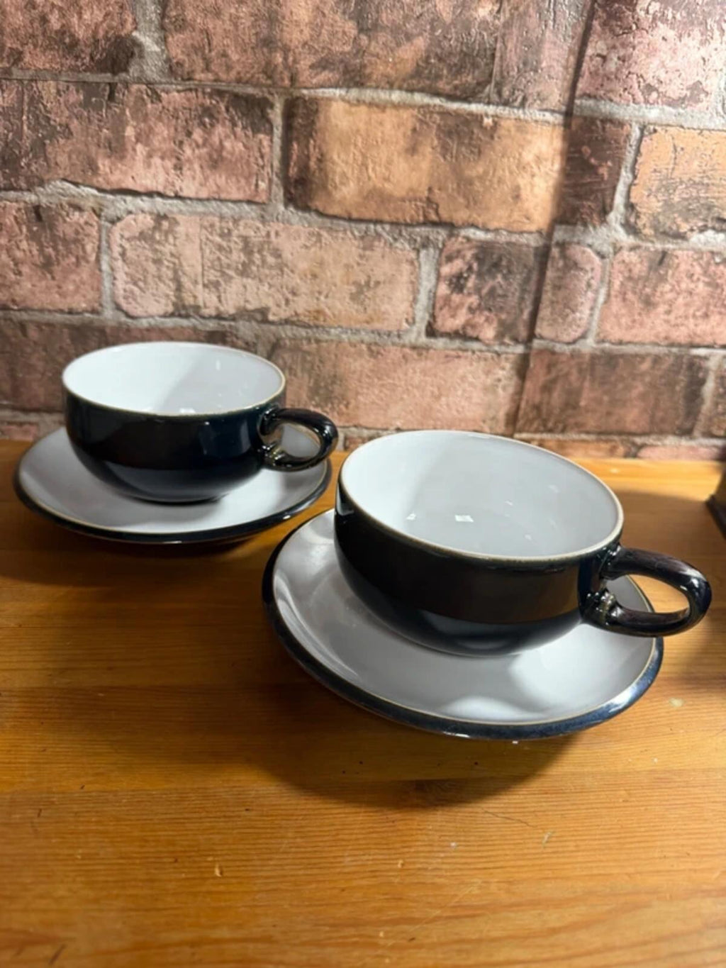 Pair of Denby Black Stoneware Teacups and Saucers
