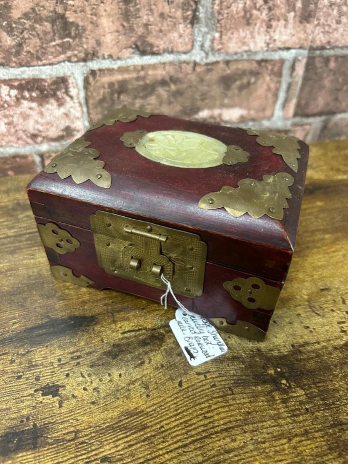 Vintage Shangai Rosewood, Jade and Brass Accents Jewellery Box