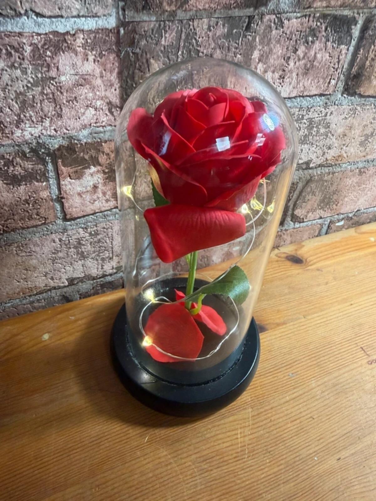 Faux Rose in Glass Dome Cloche