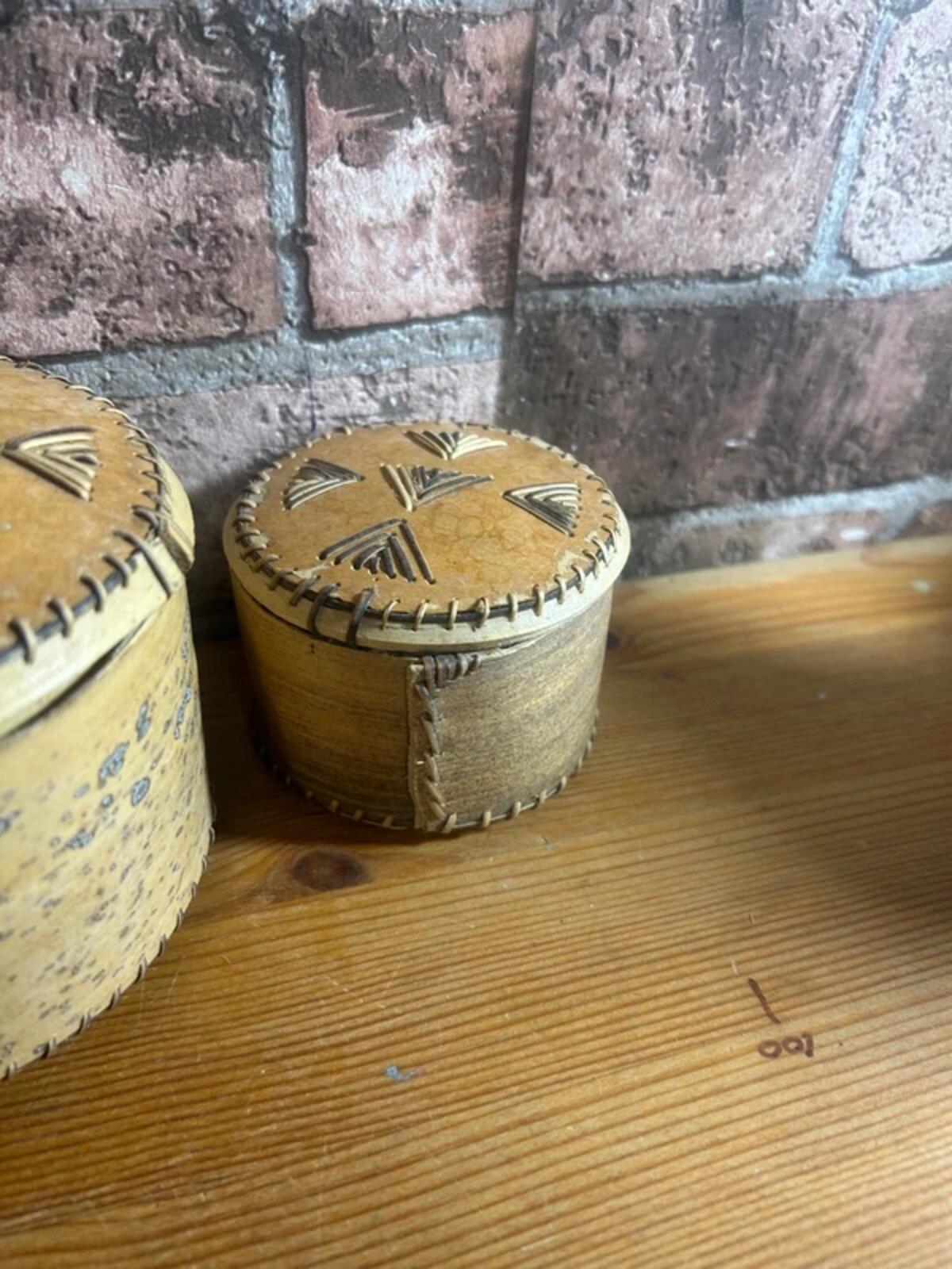 Set of Three Russian Hand Carved Birch Bark Boxes