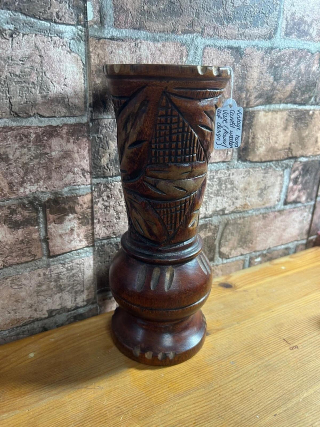 Vintage Hand Carved Wooden Vase (Floral Leaf Design)