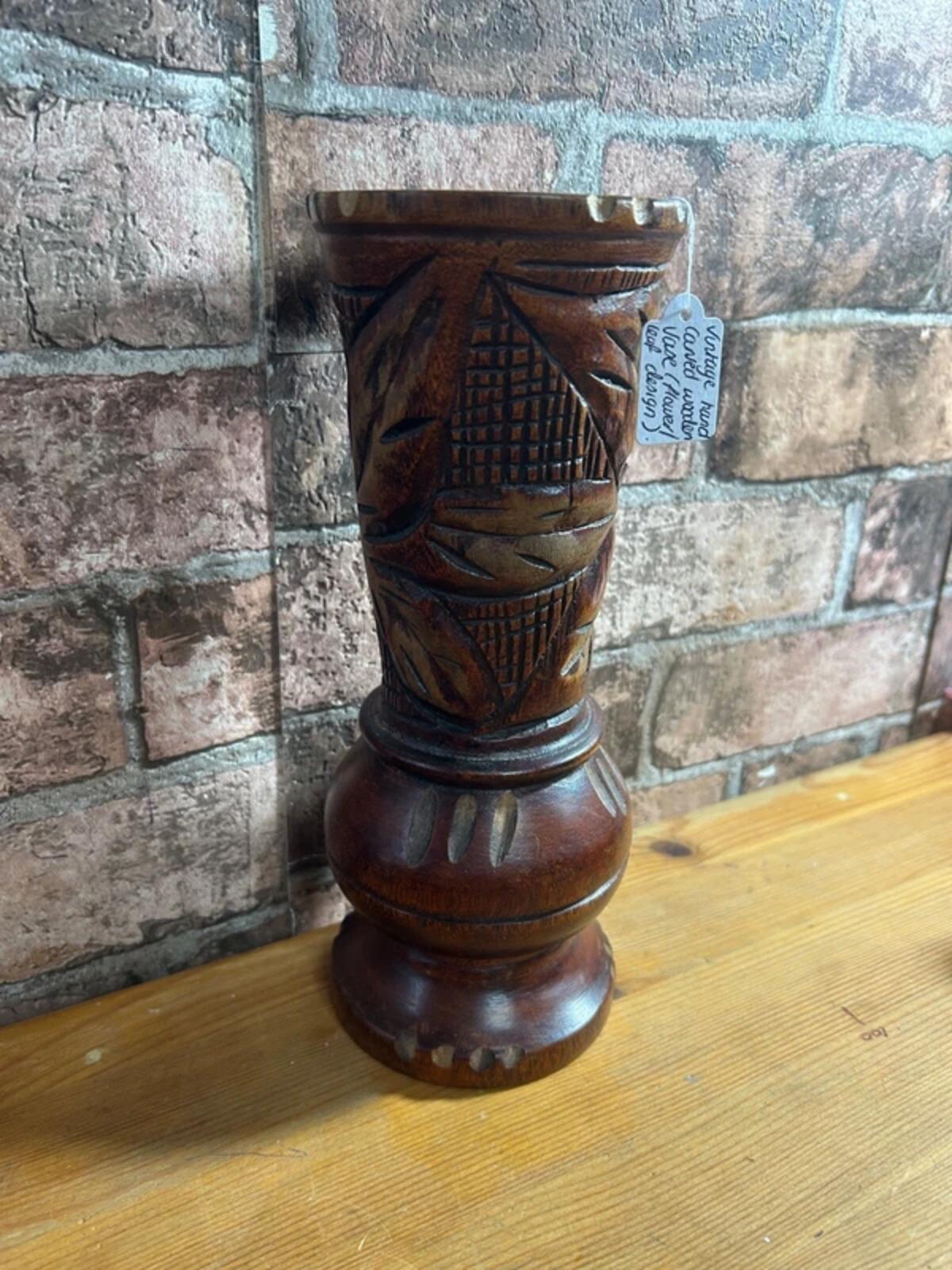 Vintage Hand Carved Wooden Vase (Floral Leaf Design)