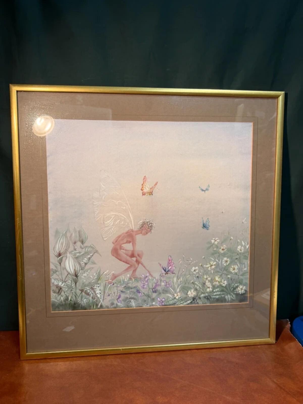 Vintage Framed Folk Fairy Art on Silk