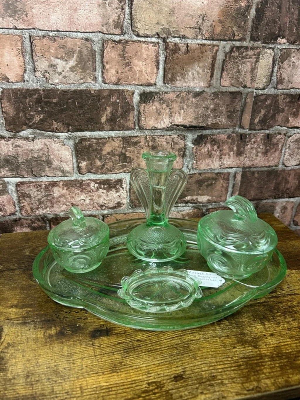 Vintage Art Deco Bagley Rutland Green Glass Vanity Set