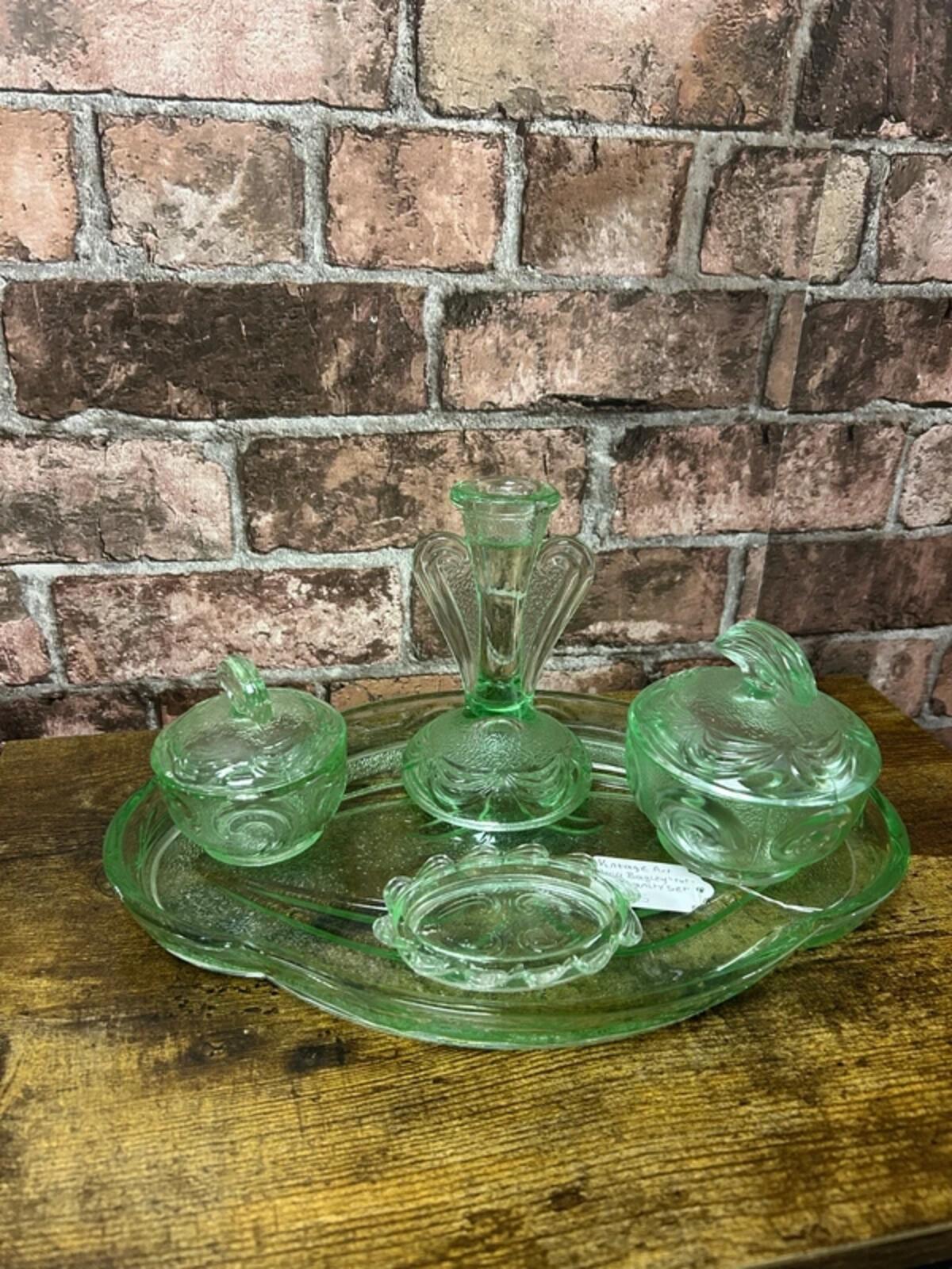 Vintage Art Deco Bagley Rutland Green Glass Vanity Set