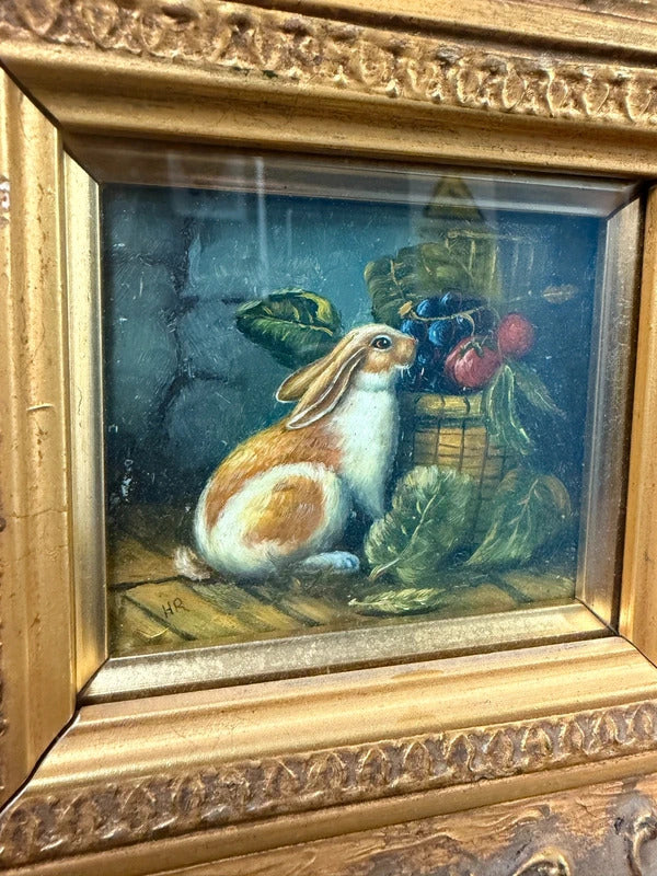 Vintage Bunny Oil Painting in Guilded Gold Wooden Frame