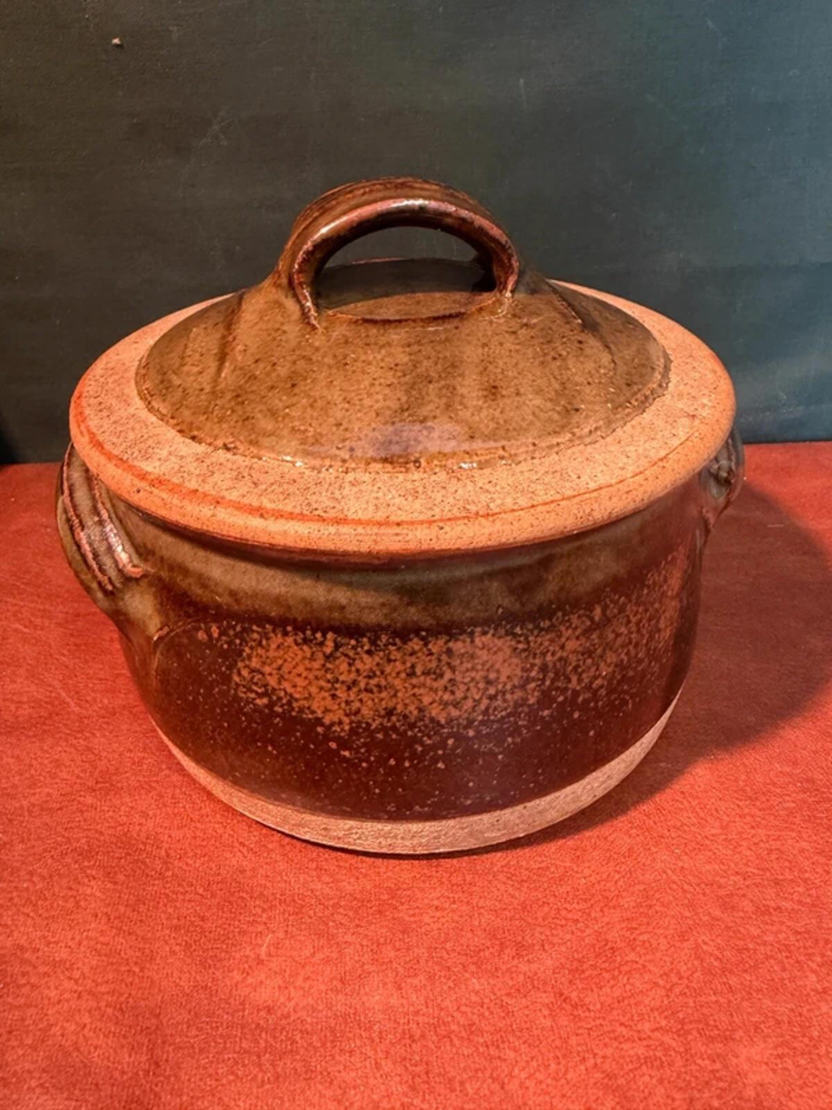 Green and Brown Stoneware Dish with Lid