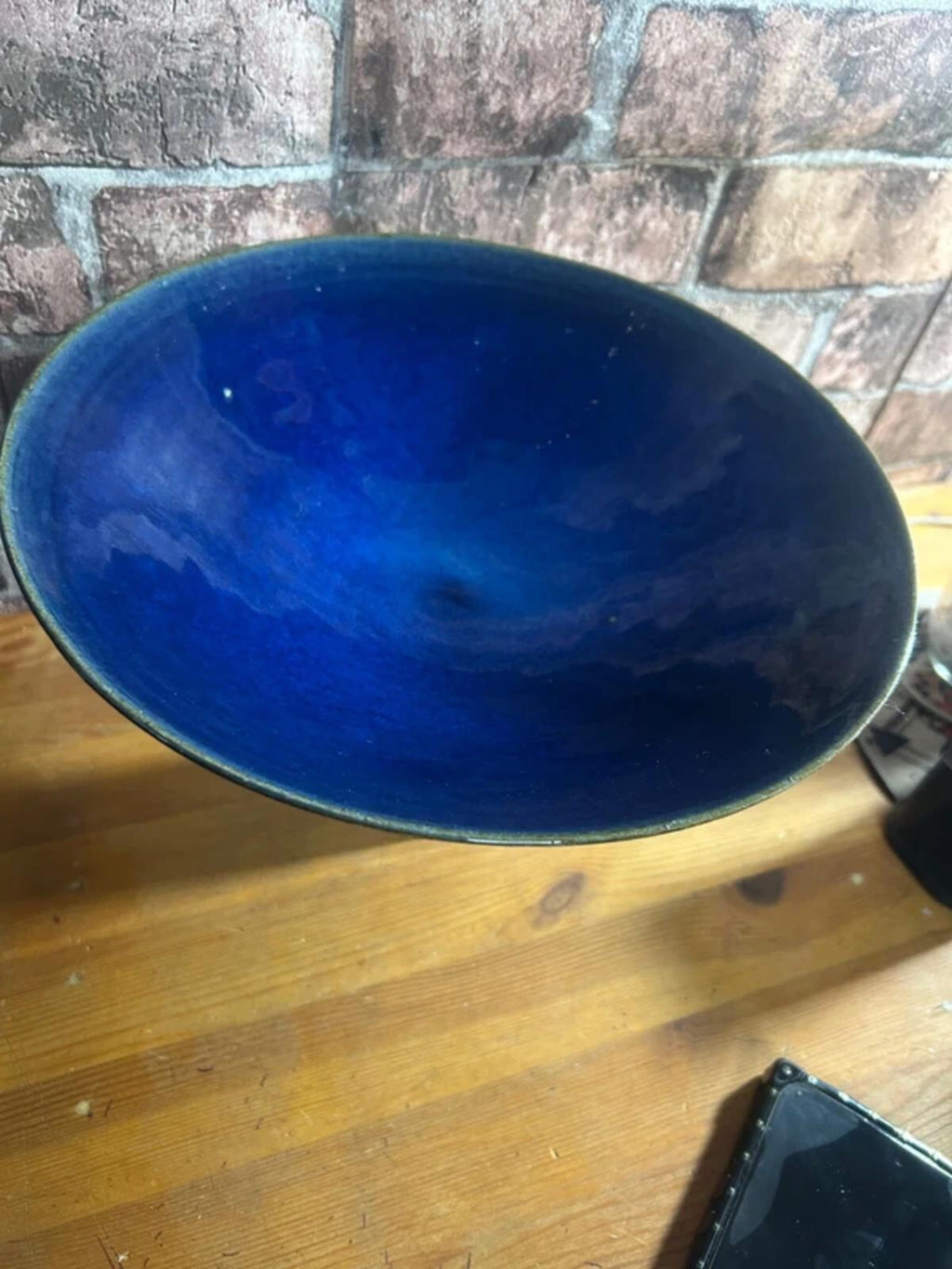 Tall Blue Ceramic and Metal Frosted Footed Bowl