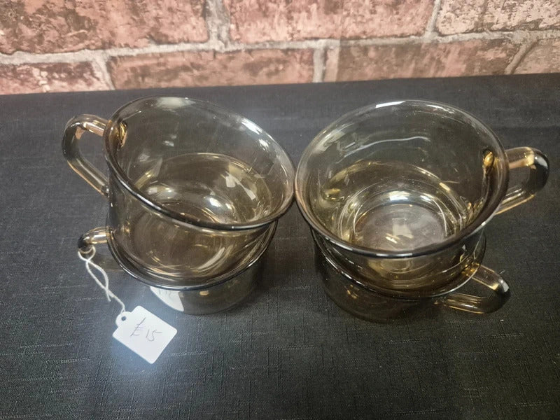 Set of 4 retro french smoked brown glass coffee mugs