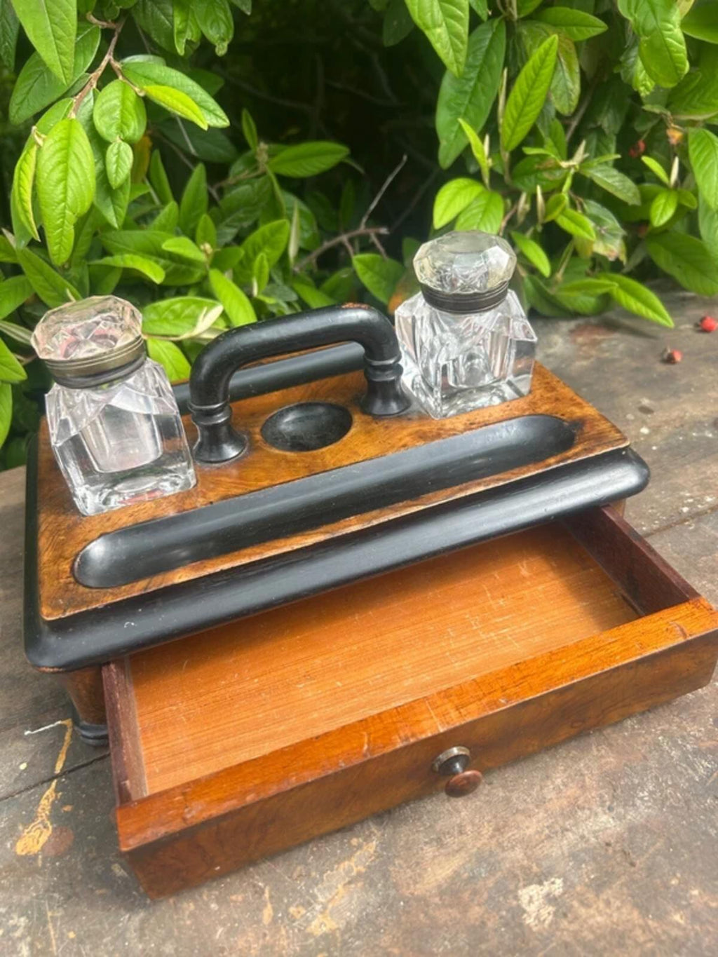 Victorian Walnut Ink Stand and Two Bottles