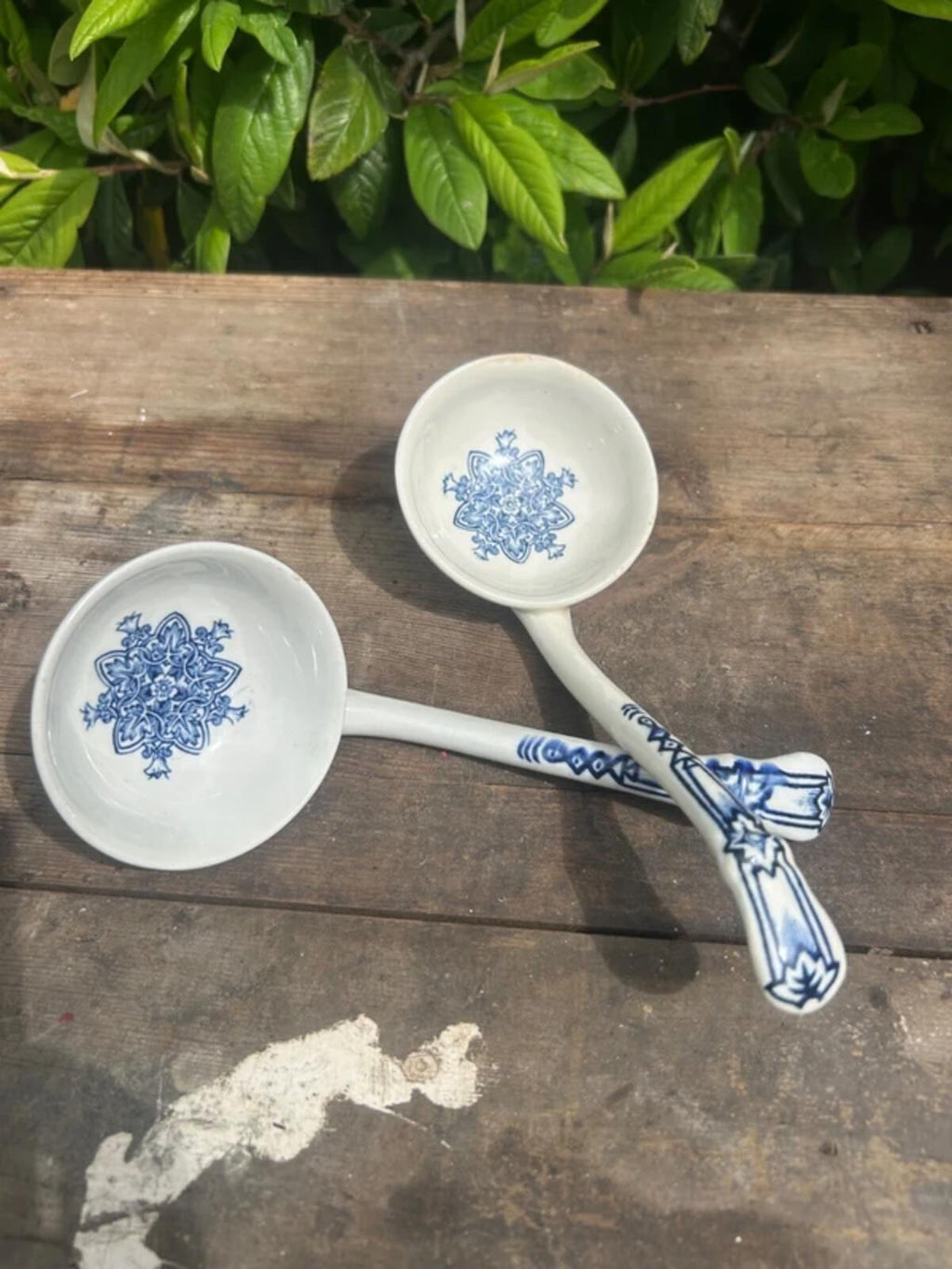 Pair of Vintage Ceramic Blue and White Tudor Pattern Ladles