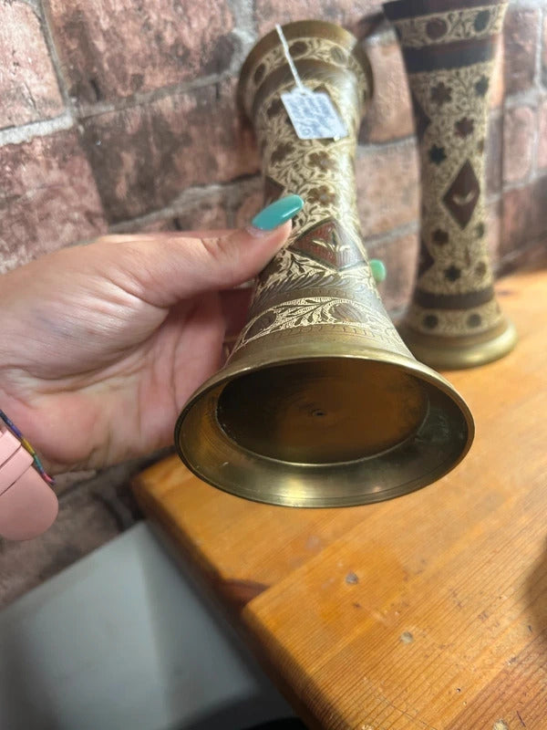 Pair of Brass Etched Floral Vases